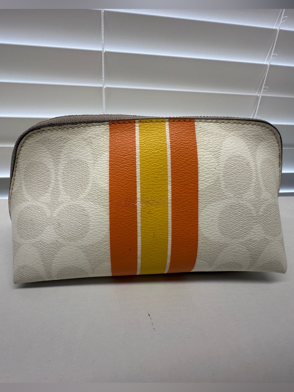 Coach Cosmetic Pouch in Cream with Orange Stripes with purple Glitter pouch - Picture 3 of 9